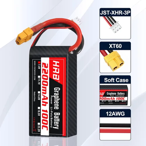 Vista 3 de HRB Graphene 2S 2200mAh Lipo Batería 100C 7.4V XT60 RC Lipo Batería Compatible con RC Car RC Truck RC Boat RC Airplane RC Helicopter (2 paquetes)