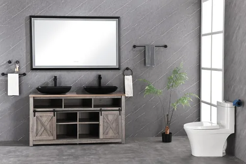 Vista 4 de Espejo LED rectangular de gran tamaño con marco negro de 84 pulgadas de ancho x 48 pulgadas de alto, espejo LED antiniebla regulable para montaje