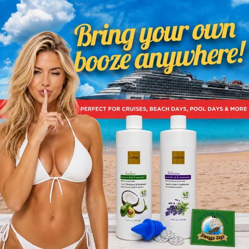 Vista 2 de Smuggs Jugs Cruise Hidden Liquor Flask Set, 2 Fake Shampoo Bottles Leakproof Rum Runners, 17.3 oz Each Bottle, Includes Pourer & Seals, Liquor