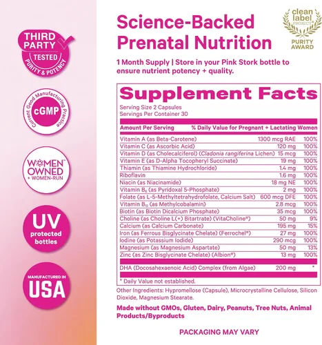 Vista 6 de Pink Stork Vitaminas prenatales totales para mujeres DHA vegano, metilfolato, hierro, colina, vitamina B12 Nutrición preconceptiva Sin eructos
