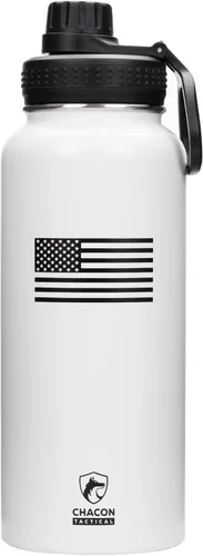Vista 16 de Botella de agua aislada, negro, acero inoxidable, 32 onzas, diseño de bandera estadounidense de línea azul fina, boca ancha