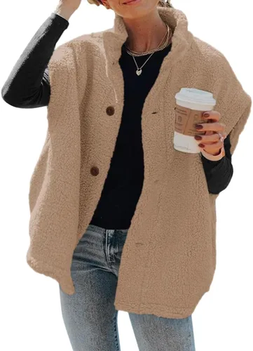 Vista 54 de Hongqizo - Chaleco de forro polar mullido para mujer, casual, de gran tamaño, cálido, con botones, chaqueta de sherpa con bolsillos