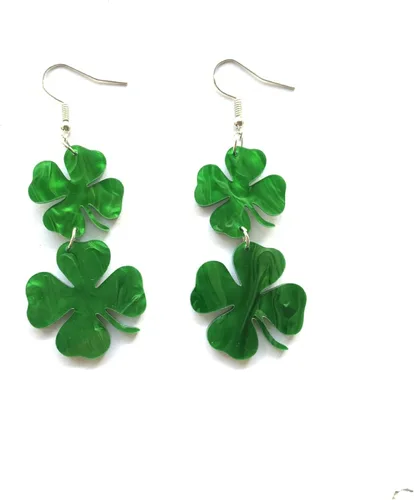 Vista 2 de Caiyao Aretes para el día de San Patricio para mujer, aretes acrílicos de trébol irlandés, hoja verde, trébol de la suerte, aretes de gota