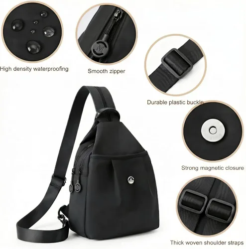 Vista 3 de Mini bolsa impermeable de 2 vías, mochila pequeña Oxford con múltiples compartimentos, para mujeres, universitarios, viajeros, viajes con antirrobo