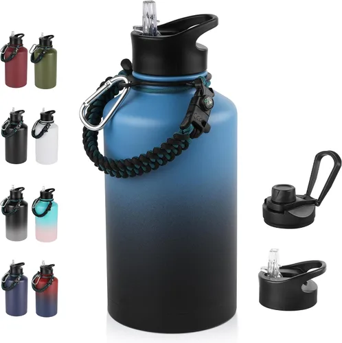 Vista 21 de Botella de agua aislada de 64 onzas con tapas de pajita y boquilla, jarra de agua de acero inoxidable de medio galón con mango de paracord, vacío