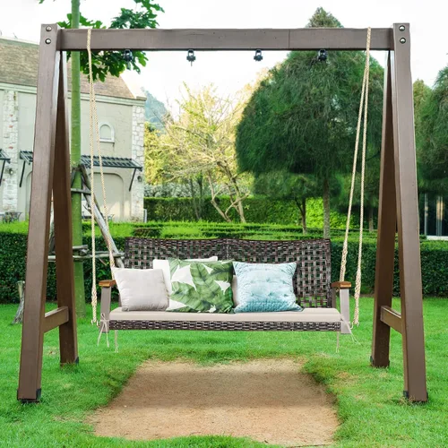 Vista 3 de Happygrill Silla oscilante de ratán para porche de 2 asientos, banco oscilante de mimbre para exteriores con cojín de asiento y reposabrazos