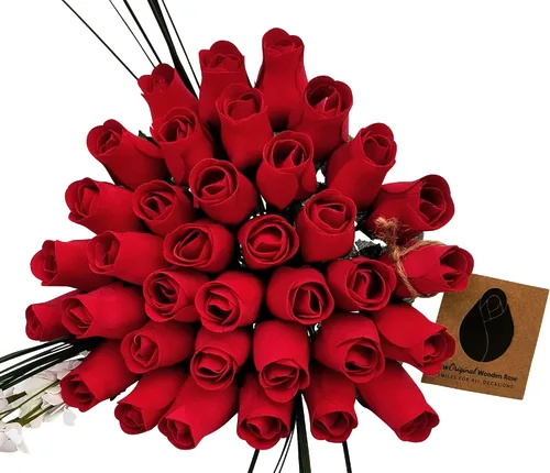 Vista 16 de Ramos originales de rosas de madera en 1, 2, o 3 docenas, Madera de abedul, Todo rojo, 1 Docena