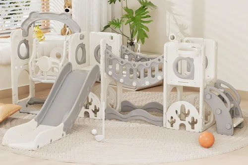 Vista 8 de Conjunto de juegos de parque infantil para niños pequeños con arco de escalada, juego de golf, tobogán y aro de baloncesto - Juguetes