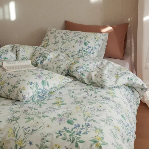 Vista 41 de Juego de funda de edredón blanca con estampado floral azul, juego de ropa de cama de algodón suave estilo bohemio, juego de ropa de cama estética
