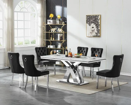 Vista 33 de Juego de mesa de comedor de cristal plateado moderno de 70 pulgadas para 4, juego de mesa de comedor rectangular de 5 piezas con patas de acero