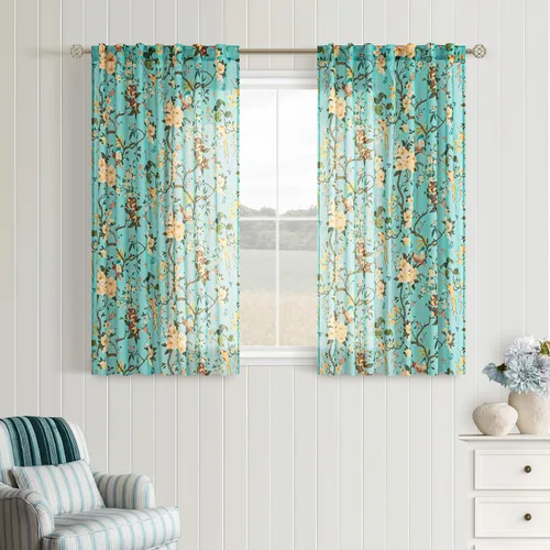 Vista 14 de Cortinas de lino de pájaro floral azul 2 paneles de 72 pulgadas de largo Aqua Blue