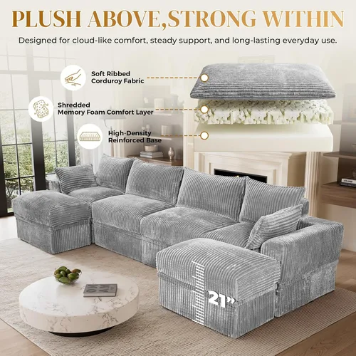 Vista 6 de Sofá modular sin hueso de 122 pulgadas con almacenamiento, sofá nube en forma de U con asiento extra profundo, sofás seccionales de pana de 6 plazas