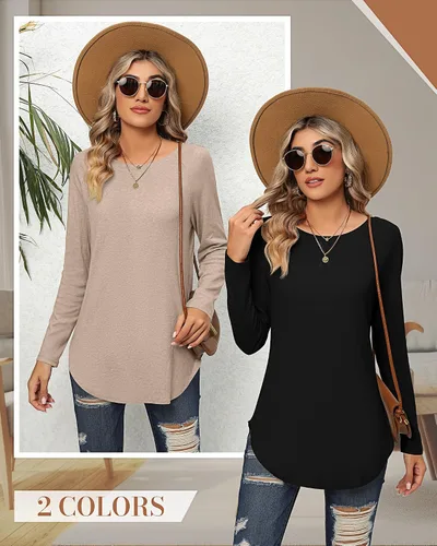 Vista 7 de Ficerd 2 Pack Women's Long Sleeve Shirts, Loose Fit Crew Neck Tunic Tops Loose Fit Side Split Basic Pullover Tee Shirts
