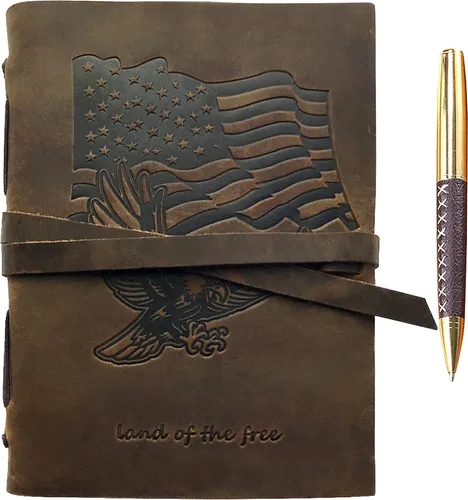 Vista 8 de Diario encuadernado en cuero para hombres y mujeres, juego de regalo patriótico hecho a mano con bandera de Estados Unidos y águila en relieve