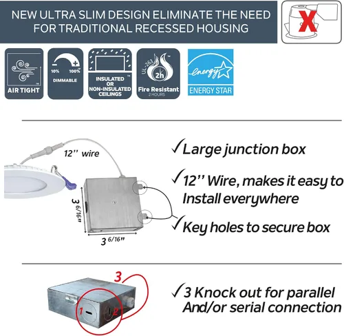 Vista 5 de Nadair SL6-1125-24WH3KBN Paquete de 24 cajas de conexiones ultra empotrables regulables de 6 pulgadas, 12 W, 1000 lúmenes, 3000 K cálidas, blancas