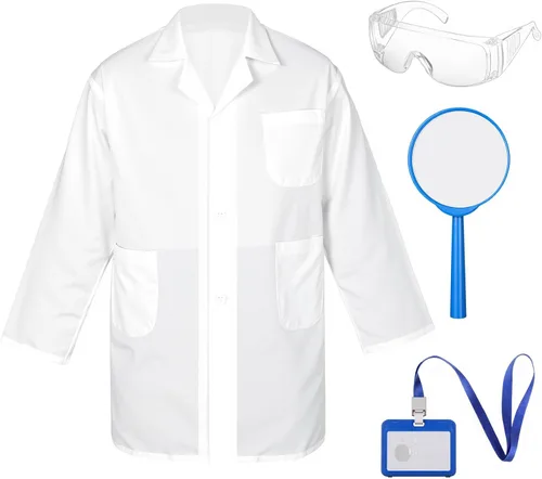 Vista 7 de Tarpop Kit de disfraz de laboratorio para niños, abrigo de médico, gafas, tarjeta de identificación para proyectos, disfraz de científico