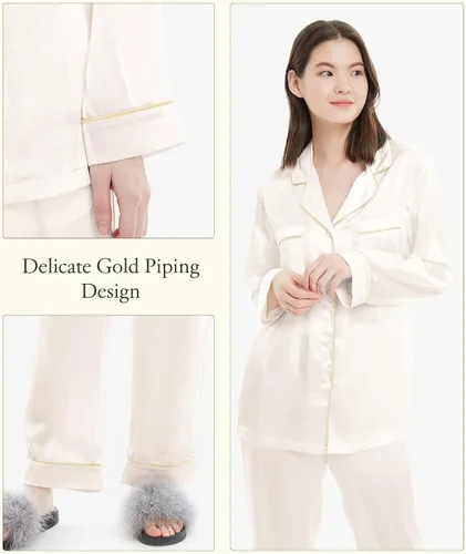 Vista 3 de LILYSILK Pijama de seda para mujer, con ribete dorado, 22 momme, 100% seda, lavable