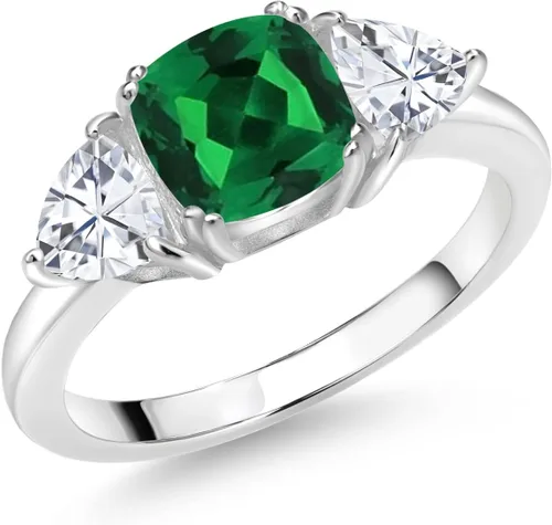 Vista 34 de 925 Sterling Silver Gemstone Birthstone and White Moissanite 3-Stone Engagement Ring for Women 7MM Cushion and 5MM Trillion Accents Three Stone