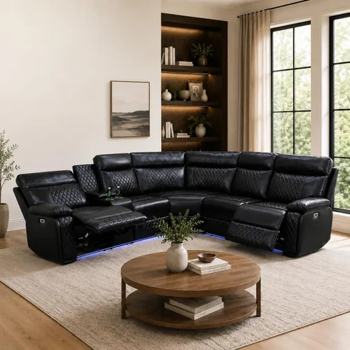 Vista 10 de Sofá modular reclinable eléctrico para sala de estar, moderno juego de sofá modular de cuero negro en forma de L, juego de sofá reclinable