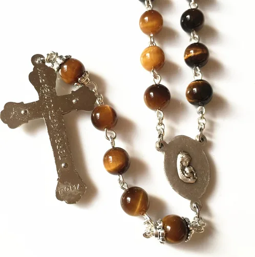 Vista 5 de elegantmedical HECHO A MANO Ojo De Tigre Rosario Cuentas Italia Cruz Cruz CRUCIFIJO CATÓLICO COLLAR CAJA DE REGALO, Metal