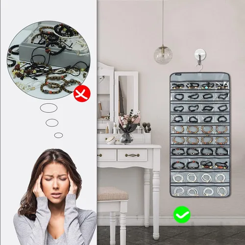 Vista 4 de Organizador de joyas colgante de 80 bolsillos para guardar joyas, soporte de exhibición de accesorios de doble cara para aretes, pulseras y anillos