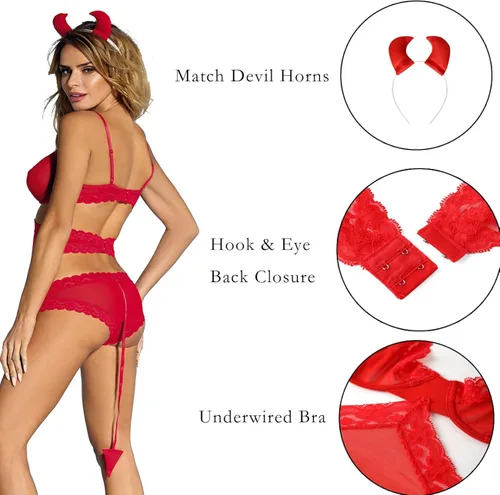 Vista 4 de XSPICE Disfraz de diablo para mujer disfraz de demonio lencería roja trajes de Halloween con cuernos de diablo