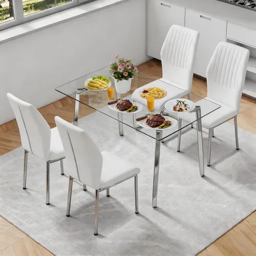 Vista 32 de Juego de mesa de comedor de cristal para 4, mesa rectangular con 4 sillas de cocina de cuero blanco, juego de comedor de cocina de 51 pulgadas, mesa