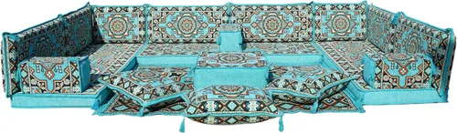Vista 151 de arabicsofa Sofá en forma de U de estilo árabe para el suelo – Juego de Majlis hecho a mano – Sofá de estilo bohemio