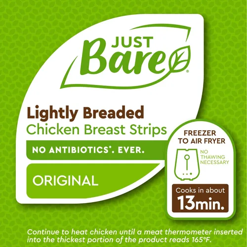 Vista 7 de Just Bare Tiras de pechuga de pollo ligeramente empanadas Totalmente cocidas 0.56 oz de proteína Congeladas 1.50 libras