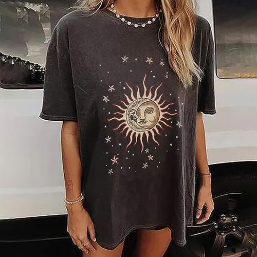 Vista 3 de Remidoo - Camiseta informal de gran tamaño para mujer, de manga corta, con estampado de letras, sol y luna
