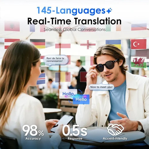 Vista 4 de Gafas de sol inteligentes GetD AI, traducción en tiempo real, audio de oído abierto Bluetooth For Business Meetings Travel & Daily Use, Languages