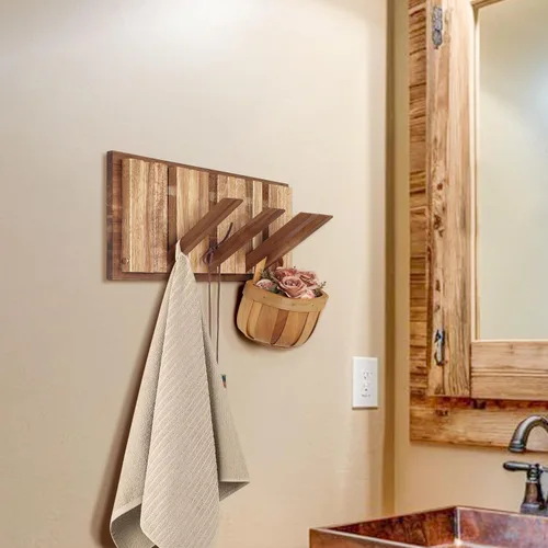 Vista 7 de Perchero de pared para entrada: Plegable rústico de madera con 8 ganchos, montaje de 16.5 pulgadas, elegante colgador de piano para pasillo