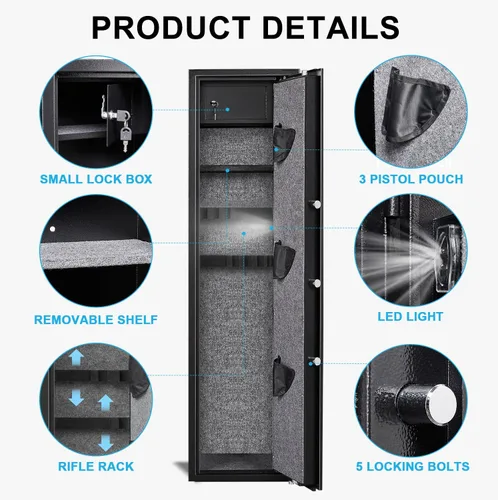 Vista 4 de Caja fuerte para pistola de huellas dactilares, acceso rápido 4-5 Rifles Safe Biométrico Long Gun Safes, Armarios de pistola para rifles y pistolas