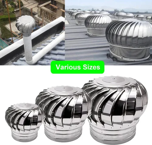 Vista 4 de Cubierta de turbinas eólicas para techo, ventilador de turbina redonda, 304 de acero inoxidable con tapa de escape, ventilación impermeable, 4.331