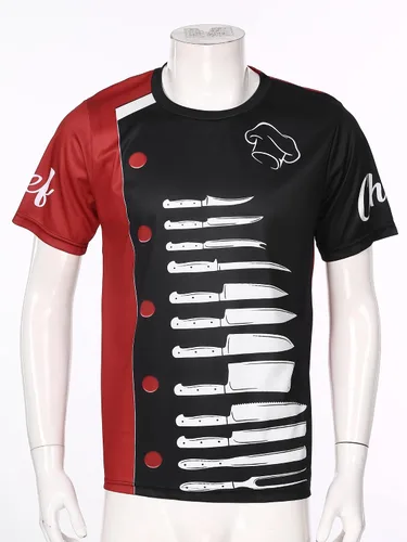 Vista 2 de JEATHA Camisa de vestir de lujo con estampado de abrigo de chef para hombre, casual, manga corta, chaqueta de chef