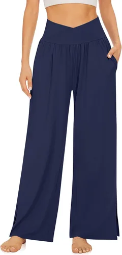 Vista 2 de UEU Pantalones de yoga casuales de pierna ancha para mujer, cintura alta, con abertura lateral, holgados, con bolsillos
