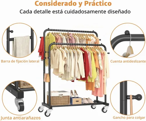 Vista 5 de Laiensia - Perchero de doble varilla con ruedas, estante para colgar ropa, 4 ganchos, estante multifuncional para dormitorio, color negro