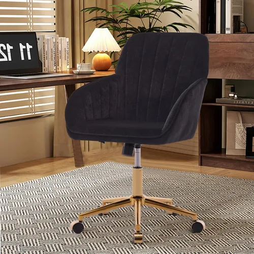 Vista 7 de Silla moderna de oficina en casa, cómoda silla de escritorio de terciopelo, silla de tocador de maquillaje con ruedas, silla giratoria ajustable