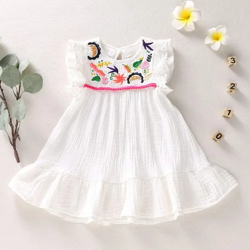 Vista 3 de Vestido floral bordado étnico sin mangas con flores y falda de fiesta de princesa