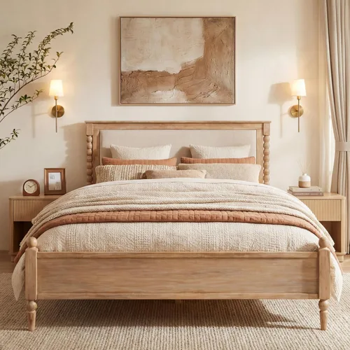 Vista 13 de Merax Base de cama de plataforma de madera maciza tamaño King, cabecera tapizada y eje clásico y con panel de tela, no necesita somier, capacidad