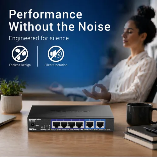Vista 21 de TRENDnet Switch 10G de 6 puertos, 4 puertos 2.5G RJ-45 Base-T, 2 puertos RJ-45 10G, capacidad de conmutación de 60Gbps, montable en pared