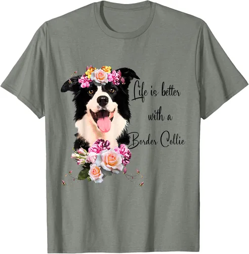 Vista 37 de Life is Better With a Border Collie - Camiseta de perro lindo con flores, gris, S Gris Oscuro