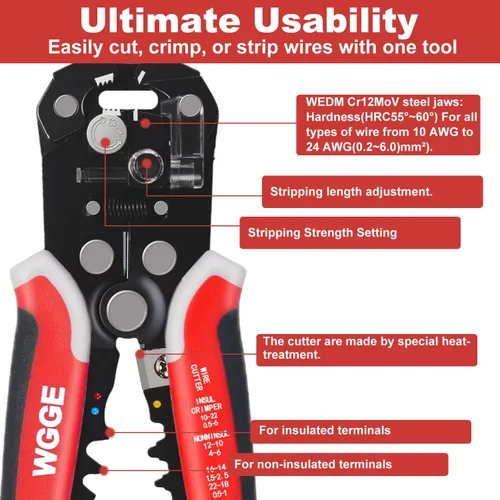 Vista 4 de WGGE WG-014 pelacables autoajustable con aislamiento, para pelar cables desde AWG 10-24, strippers automáticos con cortadores y buclera de 8