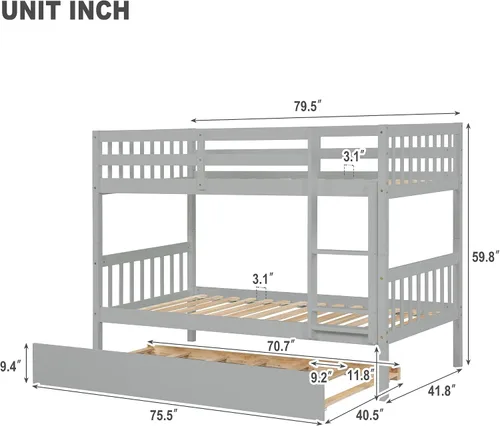 Vista 2 de HOUAGI Litera individual sobre cama individual con nido, litera de madera maciza con barandilla de seguridad y escalera, color gris