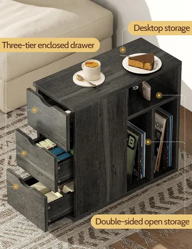 Vista 4 de Mesa auxiliar estrecha con 3 cajones, mesa auxiliar de madera con estantes de almacenamiento para sala de estar, mesa auxiliar delgada para sofá