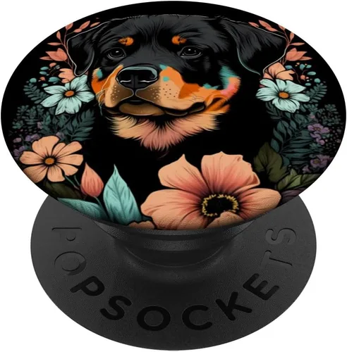 Vista 6 de Rottweiler - Lindo arte floral para cachorros, diseño floral, color negro, PopSockets MagSafe PopGrip para iPhone
