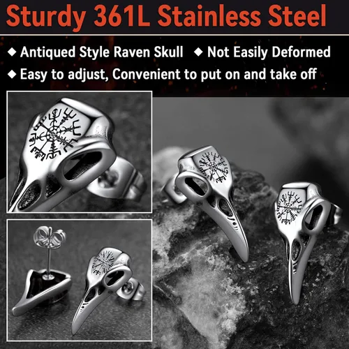 Vista 6 de FaithHeart Viking Raven Earrings for Men Sturdy Stainless Steel Punk Rock Earrings Lightweight Hypoallergenic Ear Jewelry with Gift Box