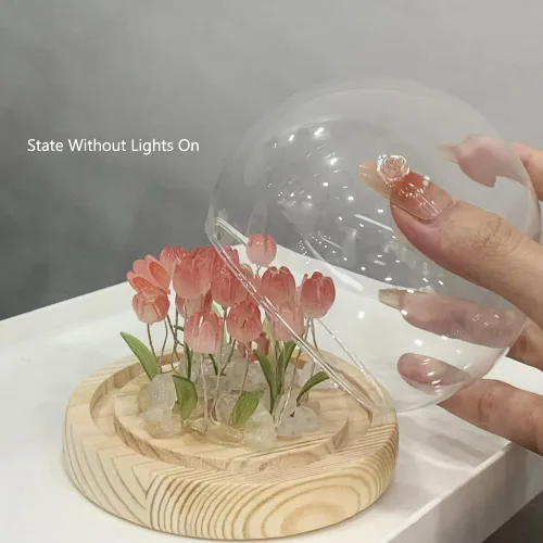 Vista 7 de Luz nocturna de tulipanes de bola de cristal, lámpara de noche de flores de bola de vidrio con base de madera, regalos de tulipanes para mujeres