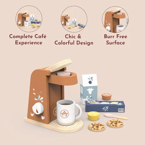 Vista 6 de SPEEDY MONKEY Juego de Máquina de Café de Madera para Niños – Certificado FSC Juego de Simulación de Cafetera Espresso, Conjunto de Café de Juego