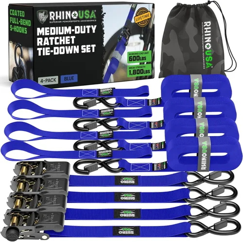 Vista 11 de Rhino USA - Correas de trinquete de amarre (4), 1 pulgada x 15 pies (resistencia 1823 libras), con ganchos en S de seguridad, alta calidad para Negro